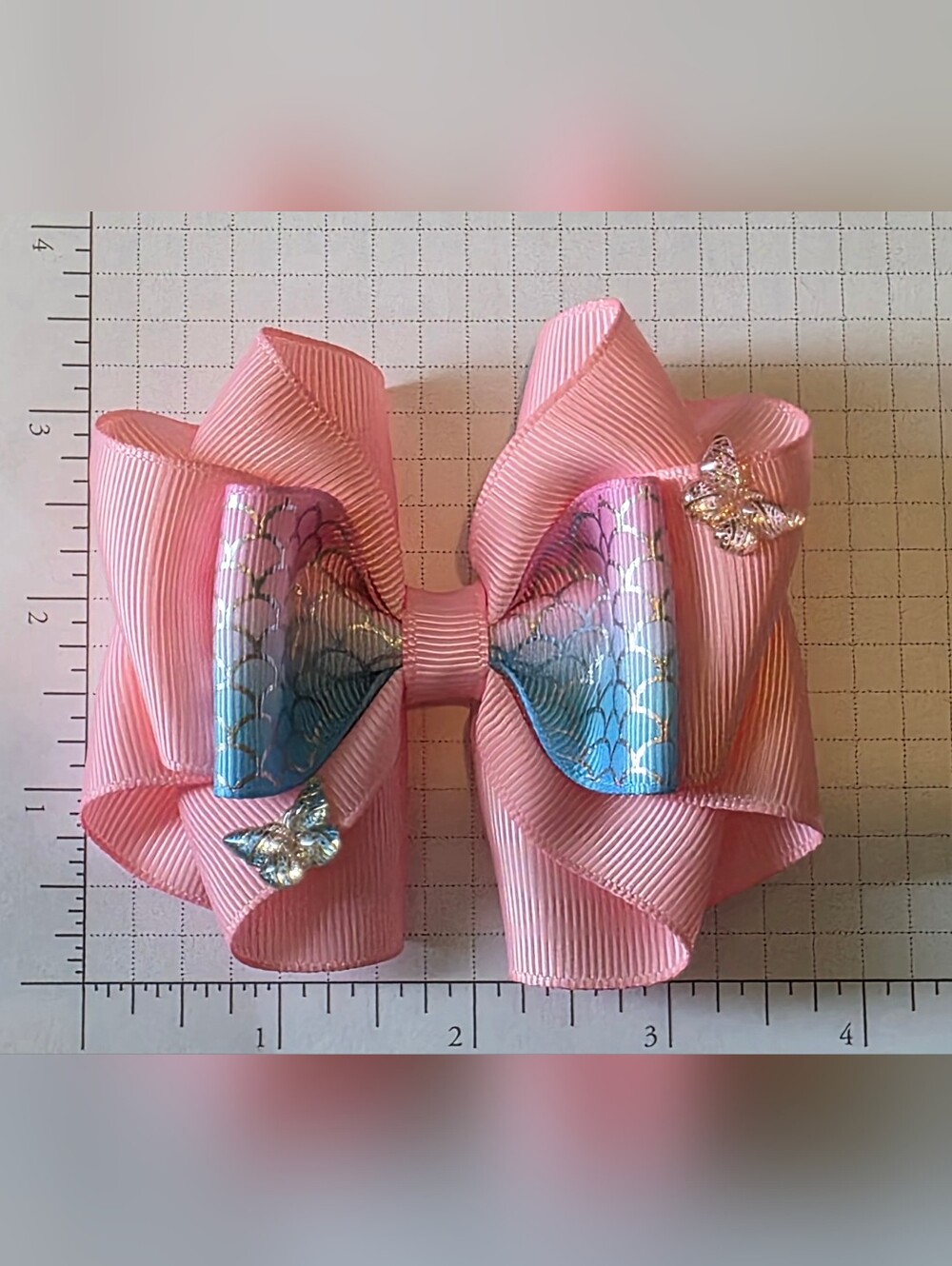 Pink Kids Hair Bow with Iridescent Blue Accent